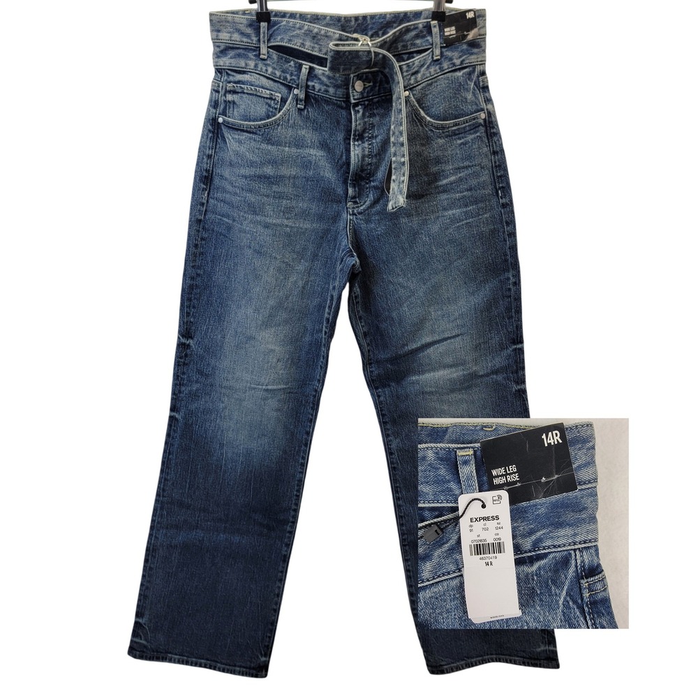 Express Womens Wide Leg High Rise Jeans 14R Indie Belted Y2K 90s‎ Festival Retro